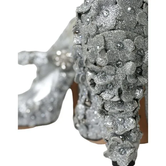 Dolce & Gabbana Silver Floral Crystal Mary Jane Pumps Shoes - Picture 8 of 9